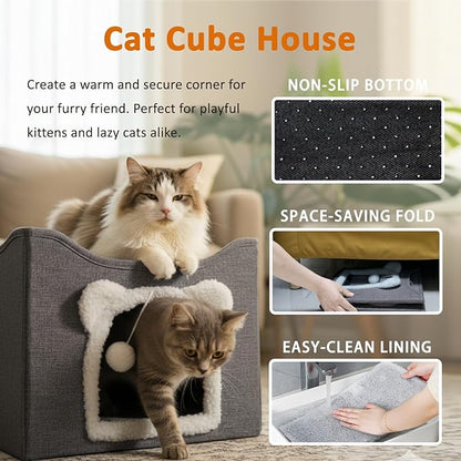 Cat Houses for Indoor Cats, Large Cats Bed Cave, Kitten Cube Box,Cat Condo with Scratching Pad, Hanging Fluffy Ball & Peekaboo Window, Foldable Hideaway Hand-Washable(16x16x13.3 Inches,Grey)
