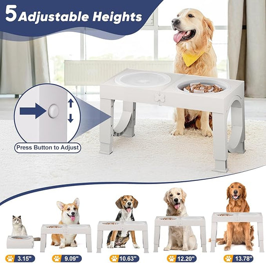 XIAZ Elevated Dog Bowls Large Breed Raised Dogs Bowl Stand Large/Medium Sized Dog Slow Feeder Dogs Bowls Food Water Stands 5 Heights Adjustable 9/11/12/14in Pet Feeder Dish Station
