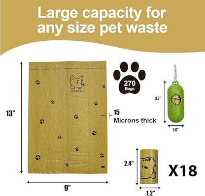 Dog Poop Bags With Dispenser, Strong and Leak-proof Waste Bags for Pets, Floral Scented, 270 Count (18 Packs of 15), 13 Inch x 9 Inch (Khaki)