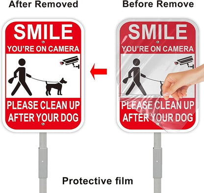 2Pack Clean UP After Your Dog Signs with 28-inch Metal Stake, 12x8 Inches, Smile You're on Camera, No Pooping Signs for Yard Aluminum