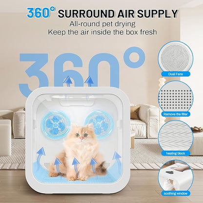 Automatic Pet Hair Dryer Box, 70L Dual Motor Fans Blower for Cats and Small Dogs, 360° Drying, Temperature Control, Self-Dryer Boxes with 4 Adjustable Speed Settings & 5 Drying Modes, 5 Towels, White