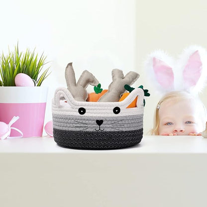 Zopeal Cat Basket Storage Woven Organizer with Ears Easter Decorative Pet Toy Cute Cotton Rope Basket for Gift Cat Dog Toy Bin Nursery Room(8.3 x 4.7 Inch,White, Light Gray and Gray)