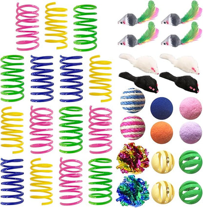 AGYM Cat Toys for Indoor Cats, 35 Packs Interactive Cat Toys Set with Colorful Springs, Mouse Cat Toy, Crinkle, Sisal, Pompom and Color Bell Balls for Kittens