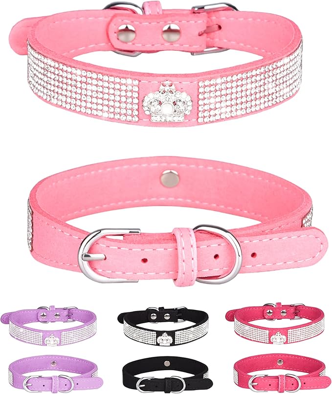 Bling Dog Collar for Small Medium Large Dogs, Crown Rhinestone Dog Collars for Girl and boy Dog, Diamond Puppy Collars, Adjustable Leather Suede SOFE Cat Collar (M(13"-15.4"/33CM-39CM), Pink)