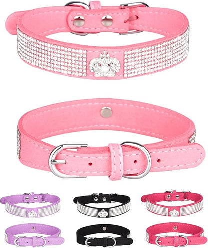 Bling Dog Collar for Small Medium Large Dogs, Crown Rhinestone Dog Collars for Girl and boy Dog, Diamond Puppy Collars, Adjustable Leather Suede SOFE Cat Collar (S(10.6"-13"/27CM-33CM), Pink)