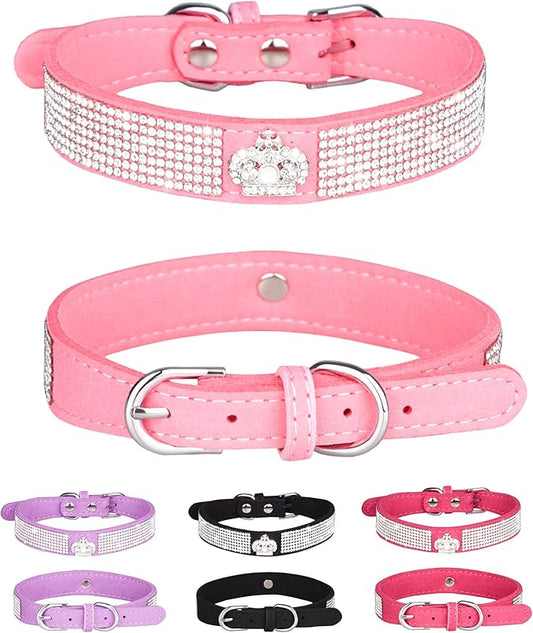 Bling Dog Collar for Small Medium Large Dogs, Crown Rhinestone Dog Collars for Girl and boy Dog, Diamond Puppy Collars, Adjustable Leather Suede SOFE Cat Collar (L(15"-18.1"/38CM-46CM), Pink)