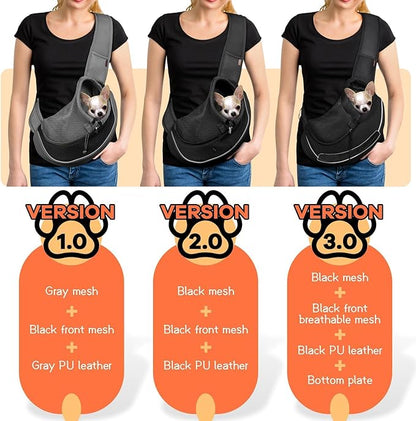 YUDODO Pet Sling Carrier for 2-5 lbs Small Dogs & Cats – Hands-Free Puppy Carrier with Safety Hook, Large Zipper Pocket, Soft Breathable Mesh, Adjustable Strap & Reflective Strip (Black 3.0 S)