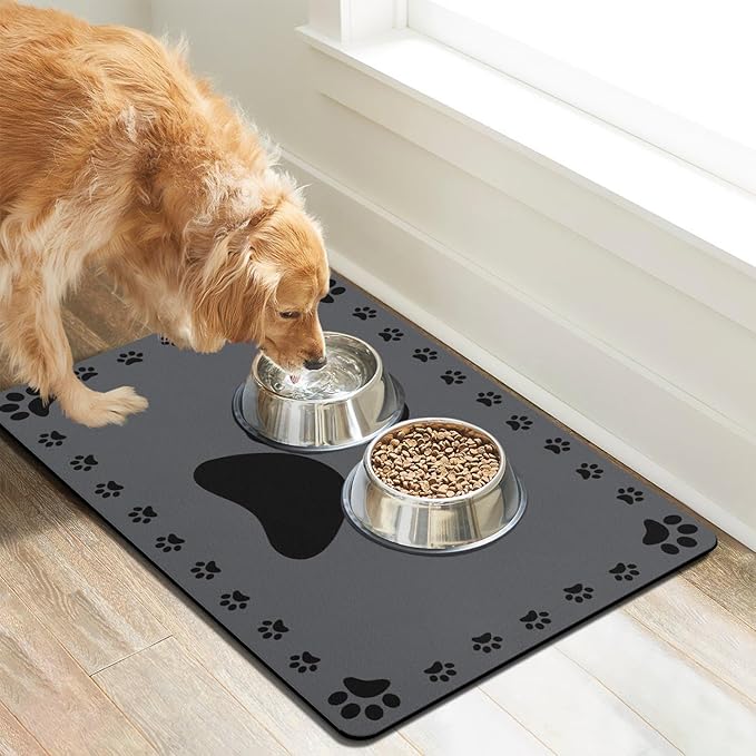 Dog Food Mats for Floor, Absorbent Pet Food Mat - Cat Feeding Mat Quick Dry Dog Bowl Mats for Water Pet Supplies Feeding Placemat 16" x 24" Grey