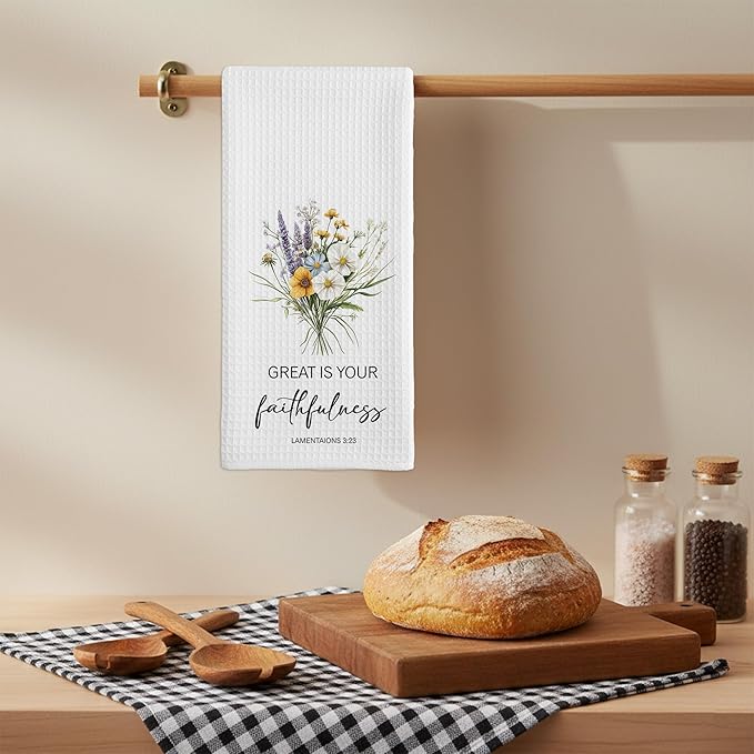 Christian Kitchen Towel, Waffle Weave Microfiber Scripture Hand Towel, Great is Your Faithfulness Bible Verse Farmhouse Decor for Kitchen Bathroom, Inspirational Gift for Women