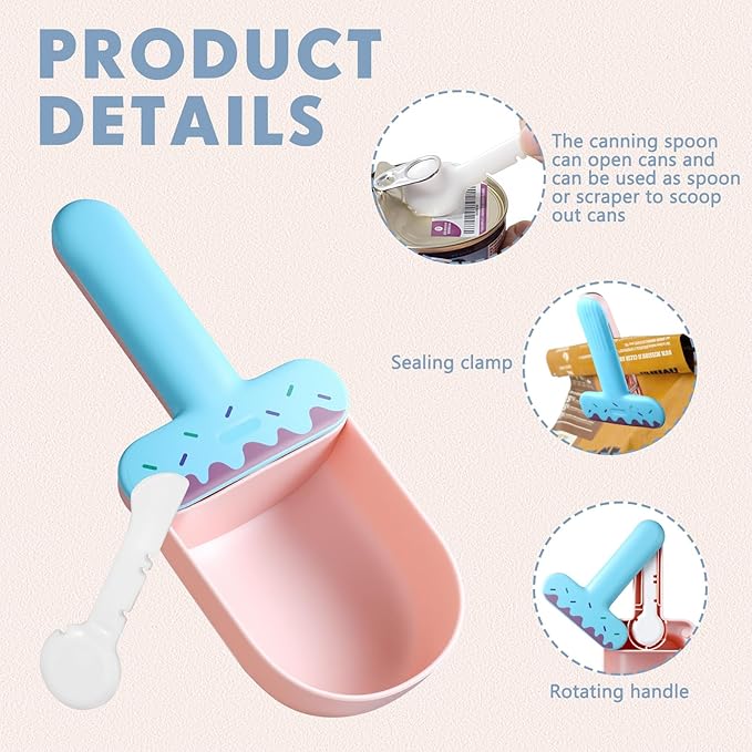 Hushee Pet Food Scoop, Sealing Clip, Dog Food Scoop, Can Opener, Canning Spoon, 4 in 1 Multifunctional Combination Set Suitable for Dog, Cat, Ferret, Rabbit, Bird Feed, Blue and Pink Ice Cream Style