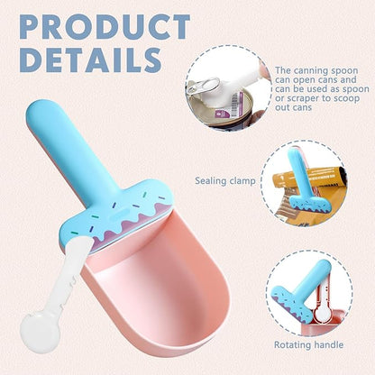 Hushee Pet Food Scoop, Sealing Clip, Dog Food Scoop, Can Opener, Canning Spoon, 4 in 1 Multifunctional Combination Set Suitable for Dog, Cat, Ferret, Rabbit, Bird Feed, Blue and Pink Ice Cream Style