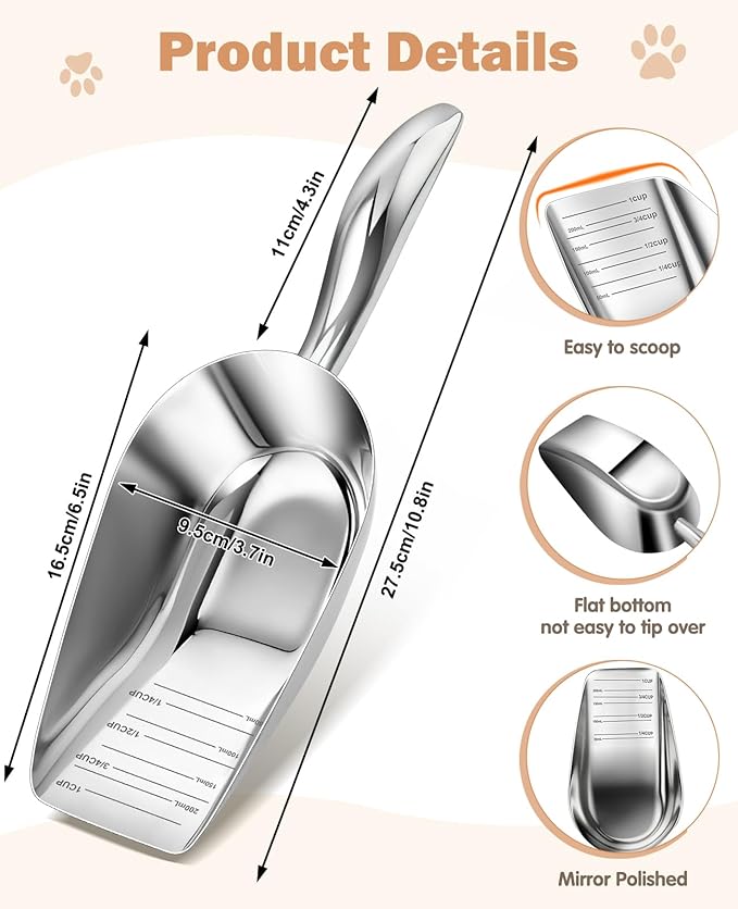 Stainless Steel Cat-Dog Food-Scoop Measuring 1-Cup, Pet Food Scoop with Measuring Lines For Dogs, Cats, And Kitchen Use, Dishwasher Safe