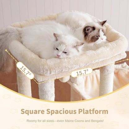 Heybly Heavy Duty Cat Tree, Tower for Indoor Cats Large Adult, Tall Cat Condo House with Extra-Large Baseboard, Multi-Level Plush Furniture with Scratching Posts, Hammock,Toy Balls, Beige HCT026M