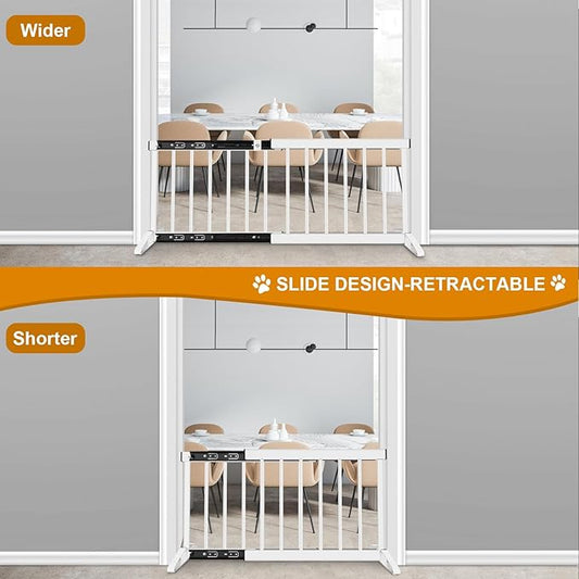 White Metal Dog Gate for Small Dogs - 13.3" Short Freestanding Puppy Gate with Retractable Sliding Rail, No Installation, Indoor/Outdoor Use, Foldable & Portable Pet Barrier