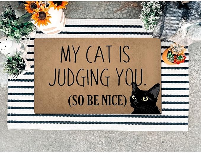 Funny Welcome Doormat (23.7 in X 15.6 in) Anti-Slip Rubber Back Entrance Way Indoor Front Porch Decor Rugs House Warming Gift (My Cat is Judging You So Please Be Nice Peeking Cats)