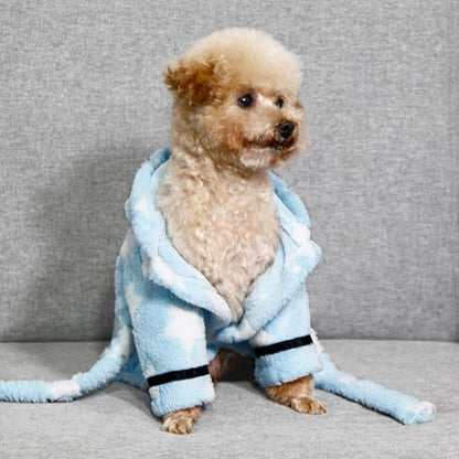 Small Dog Bathing Towel, Adjustable Dog Bath Robe for Cold Weather, Puppy Pajamas Warm Flannel Dogs Pjs, Pet Coats for Small Dogs Blue Stars M
