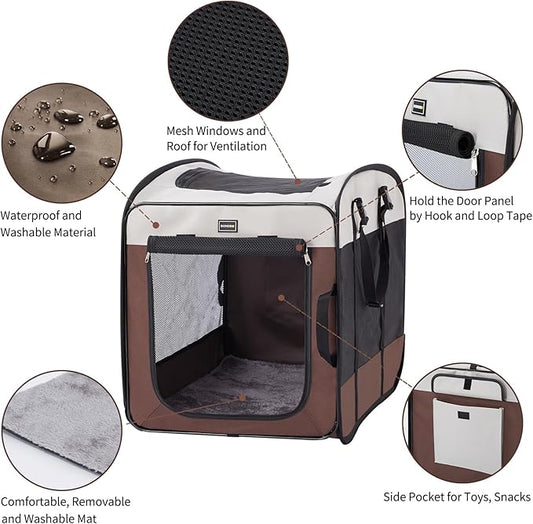 DONORO Dog Kennels and Crates for Medium Dogs, Portable Pop Up Indoor Pet Cage with Sturdy Wire Frame, Collapsible Travel Crate Soft Sided Cat Bag Escape Proof (Brown, 36.0" L x 23.0" W x 28.0" H)