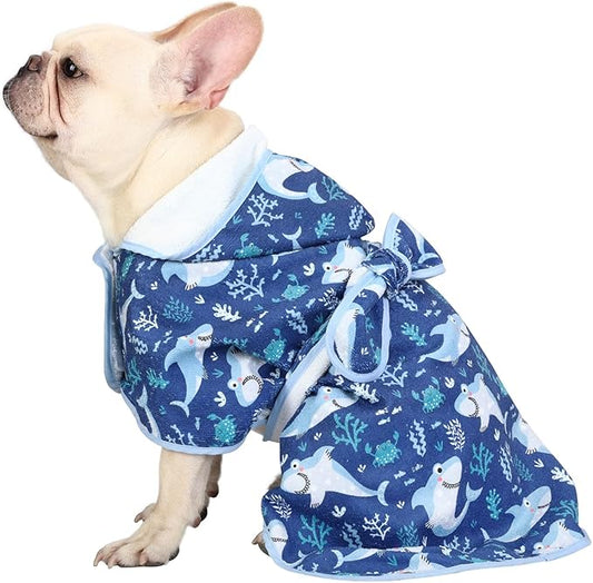 HDE Dog Bathrobe Super Absorbent Quick Drying Puppy Towel Wrap Coat Adjustable After Bath Robes with Hood for Dog Sizes S-XXL Sharks M