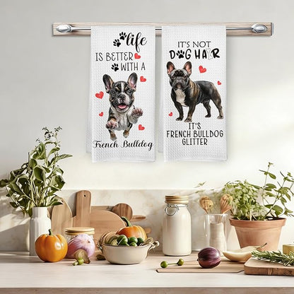 French Bulldog Gifts Kitchen Towels Set of 2, Funny Dog Hand Towels for Bathroom Decor, French Bulldog Gifts for Women DogLovers, Frenchie Dog Gift Dishcloths Dish Towel forKitchen 16X24 Inches