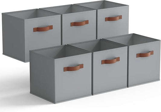 GRANNY SAYS 11 Inch Cube Storage Bins, 6 Pack Foldable Cube Storage Organizer, Fabric Storage Bins with PU Handle, Clothing Storage Baskets for Shelves, Closet, Grey, 6-Pack