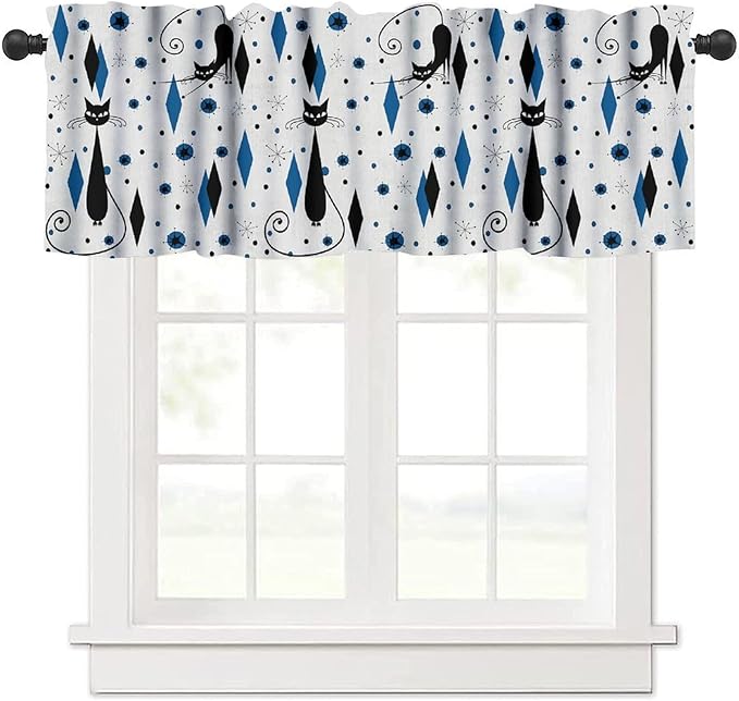 Mid Century Black Cat Valance Curtains, Retro Atomic Starburst Vintage Modern Abstract Geometric Pattern 1950s Window Curtain Valance for Bedroom Living Room 54x18inch