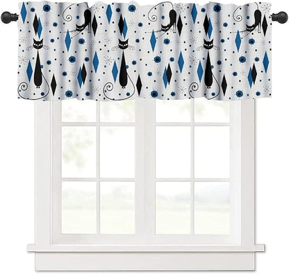 Mid Century Black Cat Valance Curtains, Retro Atomic Starburst Vintage Modern Abstract Geometric Pattern 1950s Window Curtain Valance for Bedroom Living Room 54x18inch
