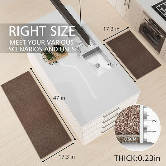 Kitchen Mat Set of 2 PCS, Cushioned Non Slip Rugs for Kitchen Floor, Absorbent Runner Comfort Standing Mats Washable for Kitchen, Office, Home (Brown-Velvet, 17.3"x47"+17.3"x30")