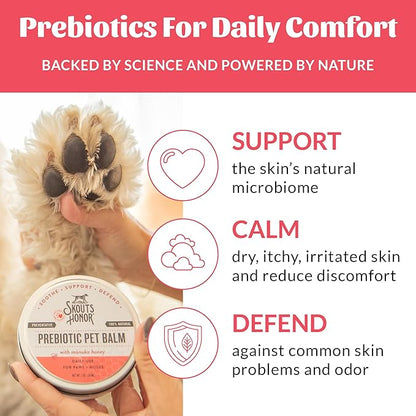 SKOUT'S HONOR Prebiotic Pet Balm - 100% Natural and Made w/Manuka Honey to Promote Healing of Your pet's paw Pads and Nose, Soothes Dry, Itchy Paws and Noses - Safe for Cats and Dogs, 2oz, 3-Pack
