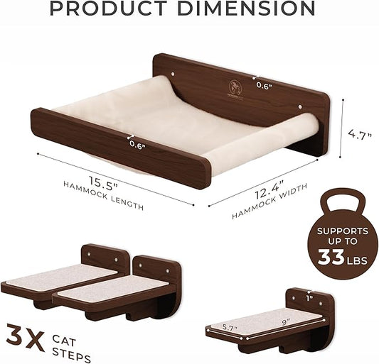 Space-Saving Cat Wall Shelves – Interactive Cat Wall Climber with Hammock & Dog Proof Feeding Station for Small & Medium Indoor Breeds – Solid Walnut Wood with Beige Carpet