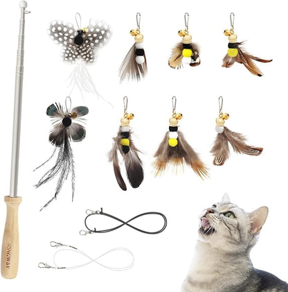 SONGWAY Cat Toys Feather Wand - Retractable Cat Wand Toy and 8 Pieces Insect Cat Feather Toys with Bell, Interactive Cat Toys for Indoor Cats Kittens