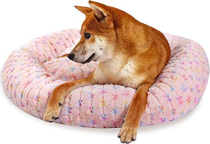 31 Inch Calming Dog Bed for Medium Dogs, Round Anti-Anxiety Warm Bed, Soft Cozy Anti-Slip Donut Washable Pet Bed, Fits up to 50 lbs Pets