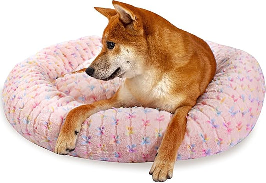 31 Inch Calming Dog Bed for Medium Dogs, Round Anti-Anxiety Warm Bed, Soft Cozy Anti-Slip Donut Washable Pet Bed, Fits up to 50 lbs Pets
