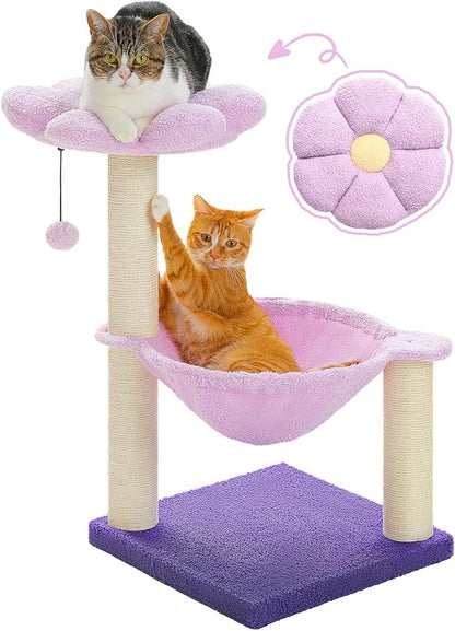 MUTTROS Flower Cat Scratching Post, 28" Cute Cat Tree Tower for Indoor Cats with Large Hammock Soft Perch Bed, Replaceable Toy Ball for Kittens, Purple