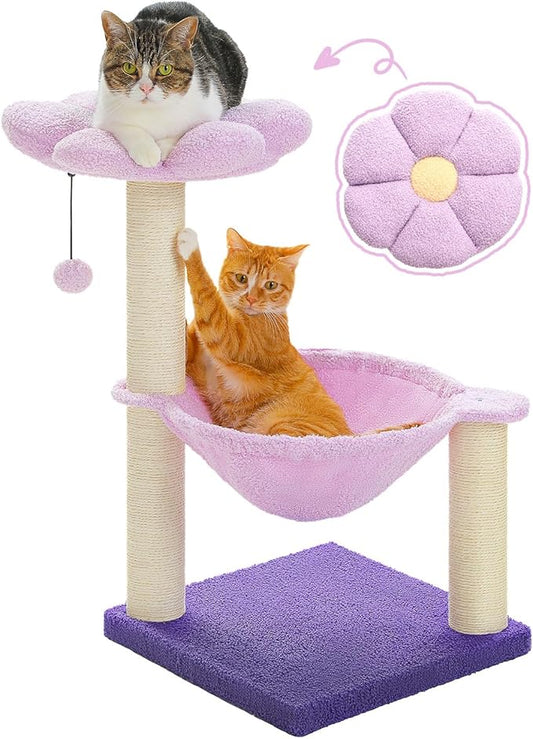 MUTTROS Flower Cat Scratching Post, 28" Cute Cat Tree Tower for Indoor Cats with Large Hammock Soft Perch Bed, Replaceable Toy Ball for Kittens, Purple