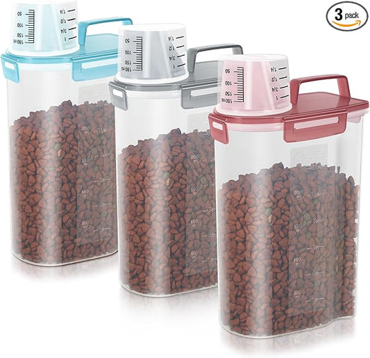 3-5Lbs Airtight Small Cat Dog Pet Food Storage Containers BPA-Free, With Large Pour Spout/1 Measuring Cup/ 4 Safety Locks and Double-layer Silicone Strip (Color Blocking 3Pack)