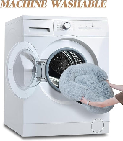 Calming Small Dog Bed, Donut Fluffy Anti-Anxiety Round Washable Cute Bed, Plush Cozy Cuddler Warming Soft Comfort Pet Bed for Small Medium Dogs Cats, 20inch,Light Grey White