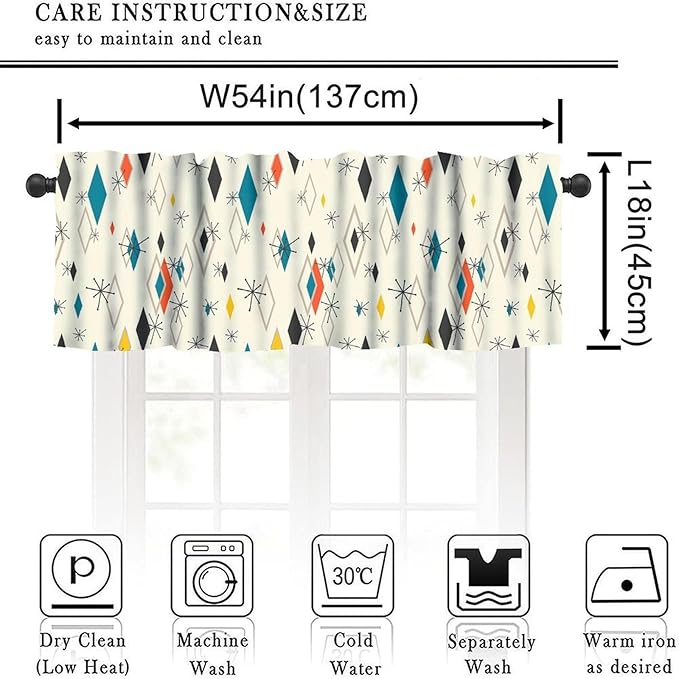 Mid Century Window Valance Curtains, Vintage Modern Abstract Geometric Pattern Retro Atomic Starburst 50s 60s Curtain Valance for Bedroom Living Room Kitchen 54x18inch