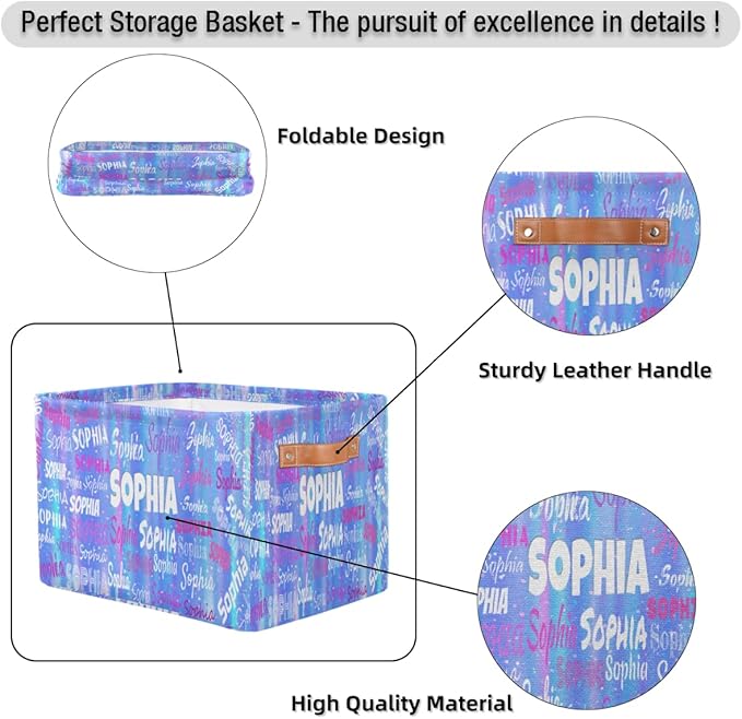 Custom Storage Baskets Named, Personalized Storage Bins Basket Boxes PU Leather Handles for Clothes Bedroom Closet Organizing Toys Books Shelves, Gradient Light Blue Stripes with Stars