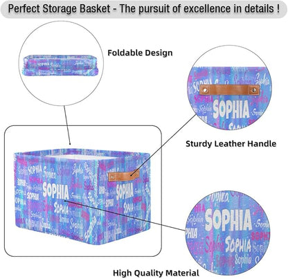 Custom Storage Baskets Named, Personalized Storage Bins Basket Boxes PU Leather Handles for Clothes Bedroom Closet Organizing Toys Books Shelves, Gradient Light Blue Stripes with Stars
