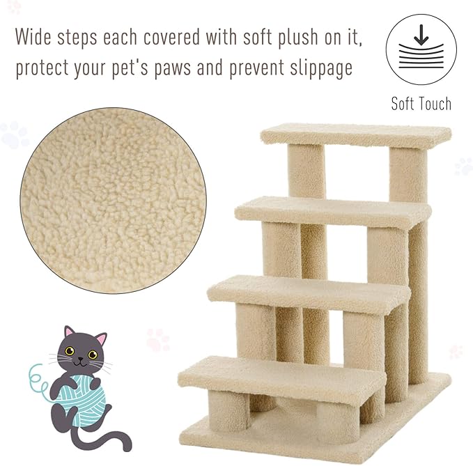 PawHut 25" 4-Step Multi-Level Carpeted Cat Scratching Post Pet Stairs - Cream White