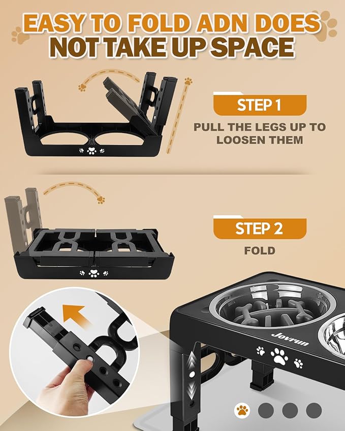 Elevated Dog Bowls with Mat, Non-Slip Dog Feeder with 1*Stainless Steel Dishes & 1*Slow Feeder Bowl, 5 Heights Adjustable Raised Bowls for 3.15″-8.66″-9.84″-11.02″-12.2″