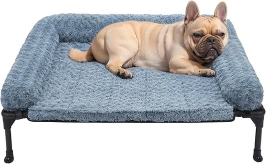 Veehoo Orthopedic Elevated Dog Bed Add Removable Deluxe Rose Plush Bolster Cushion Mat, 35" x 22" Washable Dog Couch Bed, Raised Pet Cot with Breathable Teslin Mesh, No-Slip Feet, Haze Blue, CWC2439B