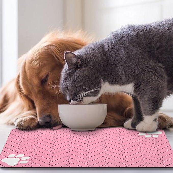 Dog Food Mats,Cat Absorbent Water Bowl Feeding Mats Pet Placemats for Food and Water Pink Wood 12 * 20 inch