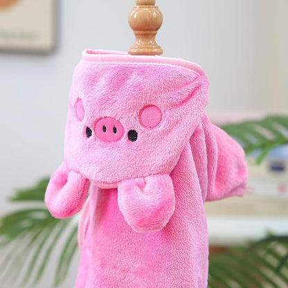 Dog Bathrobe with Hood Super Absorbent Soft Quick Drying Towel Wrap Adjustable Puppy Cat Bath Robe Towel for Cold Weather Beach Pool (Pink Pig, Large)