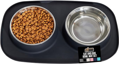 GORILLA GRIP Feeding Mat Set, Patent Pending 100% Waterproof BPA Free Silicone, Stainless Steel Cat and Dog Bowls, Slip Resistant, 1 Black mat/tray with 2 stainless steel bowls