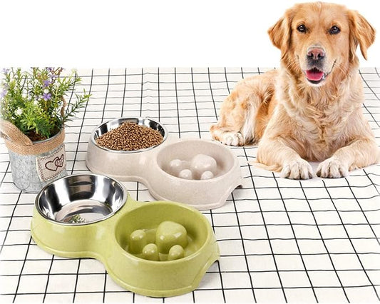 Tineer Double Pet Dog Slow Feeder Bowl,Stainless Steel Anti-Choke Puppy Food and Water Feeder for Dogs Cats (Blue)