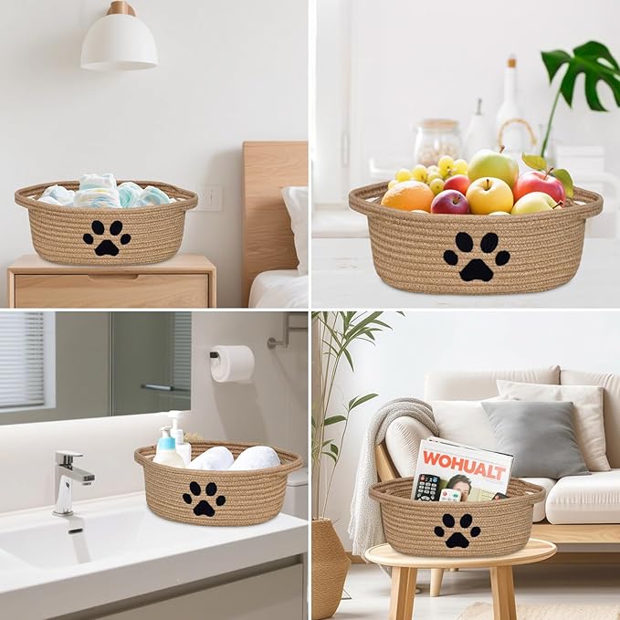 ABenkle Small Woven Basket with Handle, Cute Dog Baskets for Gifts Empty, Decorative Rope Woven Storage Dog Toy Basket, Nursery Baskets for Baby Shower, 12" x 8" x 5"
