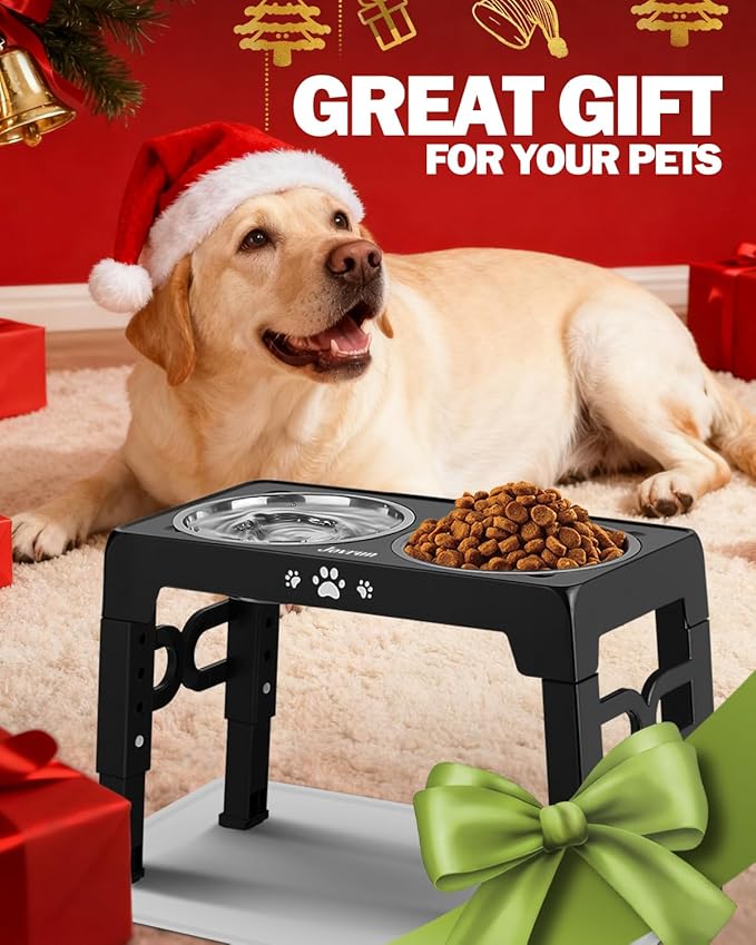 Elevated Dog Bowls with Mat, Non-Slip Dog Feeder with 1*Stainless Steel Dishes & 1*Slow Feeder Bowl, 5 Heights Adjustable Raised Bowls for 3.15″-8.66″-9.84″-11.02″-12.2″