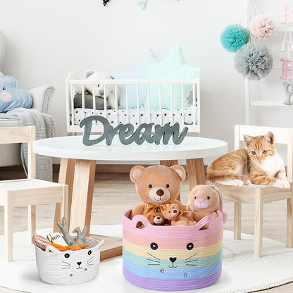 Zopeal Cat Basket Storage Woven Organizer with Ears Easter Decorative Pet Toy Cute Cotton Rope Basket for Gift Cat Dog Toy Bin Nursery Room(21.7 x 13.8 Inch,Macaron Color)
