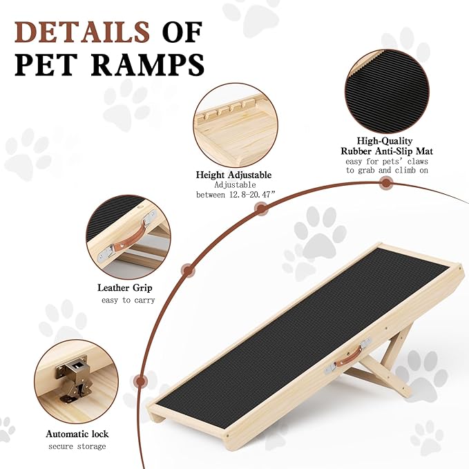 Dog Ramp for Couch, Wooden Pet Ramps 39.37" Long Adjustable 12"-20.47" Folding Puppy Ramps with Anti-Slip Rubber Mat, Dog Stairs for Small & Medium Older Dogs & Cats, up to 100lbs